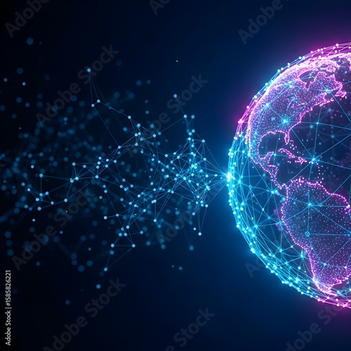 A global technology network connects the earth with dots and lines showcasing communication, innovation, and international connectivity.