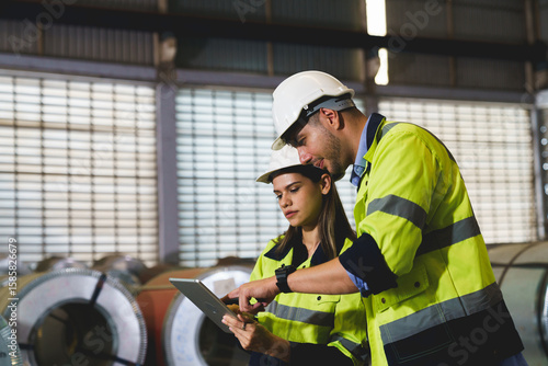 A man and a woman are standing in a factory, looking at a tablet. The engineer talks with the woman's workers. They wear a yellow and white safety helmet for safety.