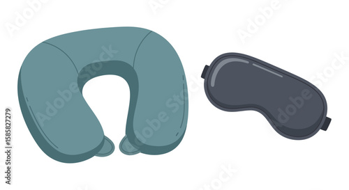Travel Comfort Set: Blue Neck Pillow and Gray Sleep Mask Illustration