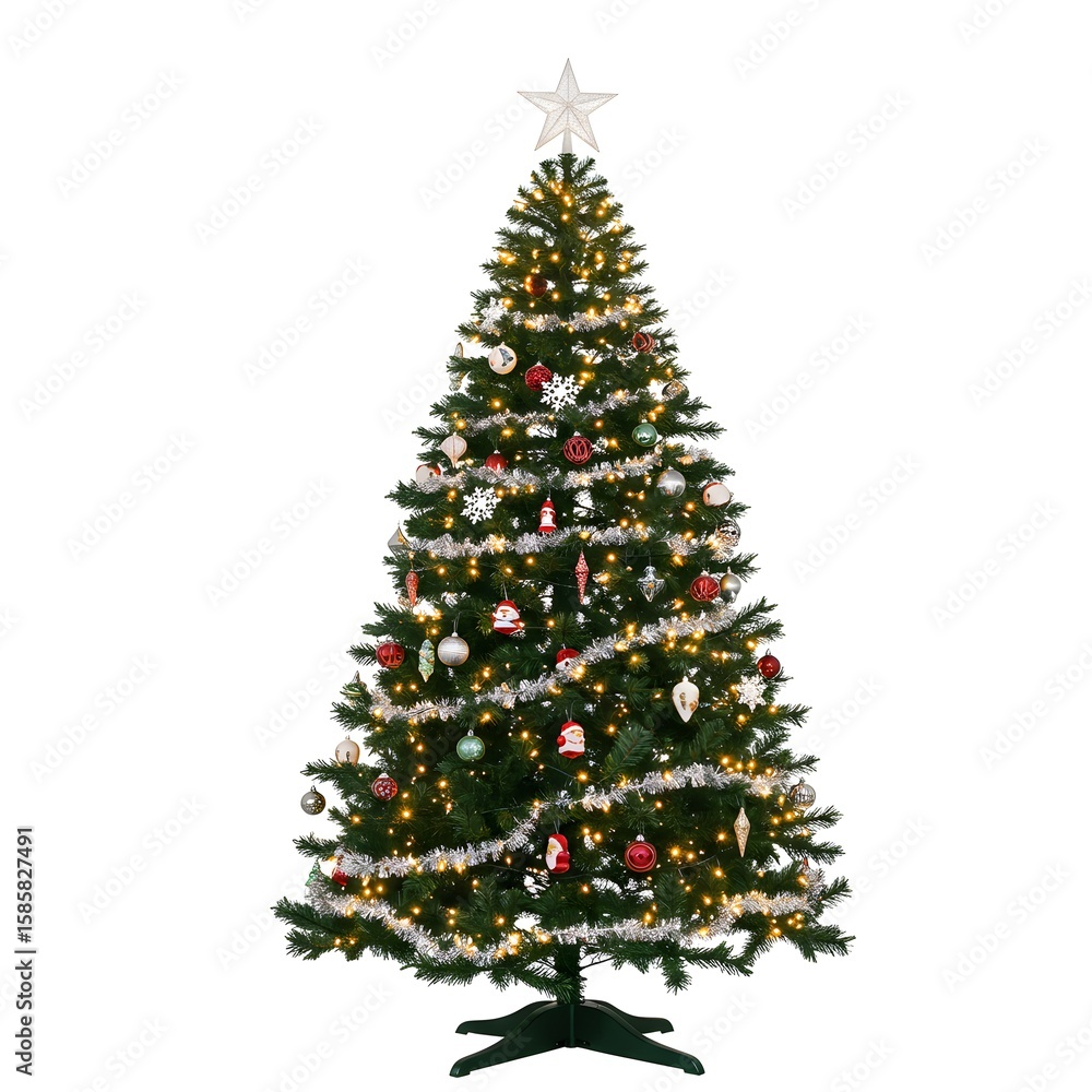 An illuminated Christmas tree, decorated with festive ornaments and a star on top, in a bright setting, exuding joy and warmth An illuminated Christmas tree, decorated with festive ornaments and a star on top, in a bright setting, exuding joy and warmth