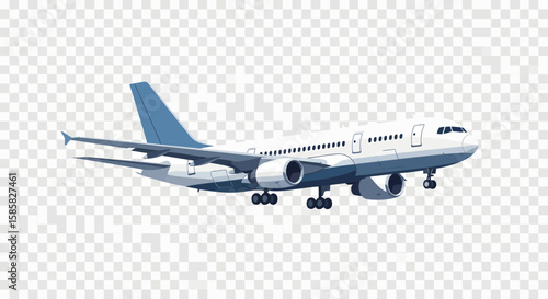 White and Blue Passenger Airplane Vector Illustration with Landing Gear Deployed
