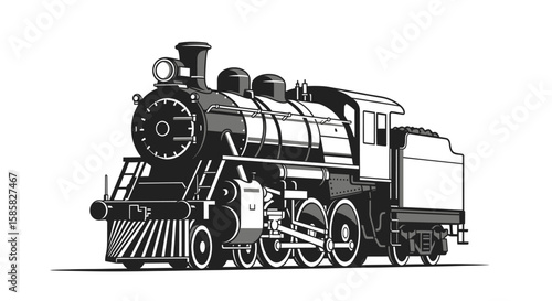 Vintage Steam Train Engine with Coal Tender, Detailed Black and White Illustration