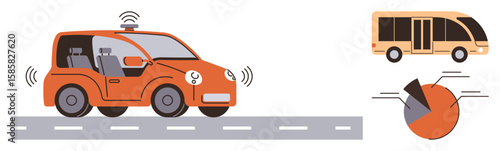 Driverless vehicle on highway, public bus, and pie chart representing technology, innovation, eco-friendly mobility, urban planning, automation, shared rides, and transportation efficiency in