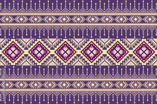 Tribal geometric fabric patterns, mainly dark purple, contrasting with light yellow and cream, give a sense of exquisite handicrafts and cultural identity. Use sarongs, jackets, curtains, graphics.
