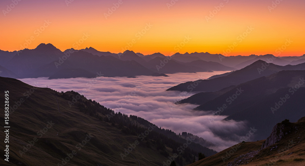 Obraz premium Golden-hour light illuminates layered mountain ridges above a thick blanket of fog, creating a peaceful and majestic scene.