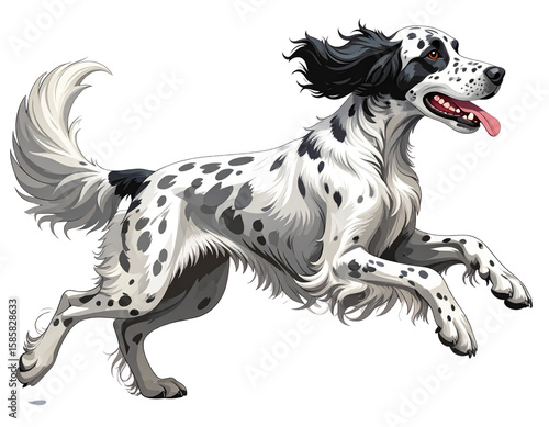Flat Vector Silhouette of English Setter in Mid-Run, Distinctive Spotted Pattern, PNG Transparent Background