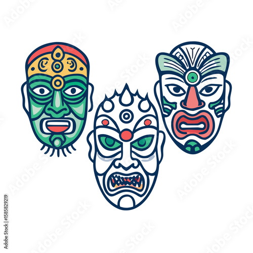 Ancient Tribal Masks Vector Icons – South Asian Cultural Mask Set