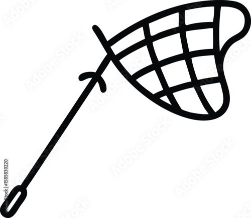 Outline illustration of a handdrawn fishing net on a pole for logo design