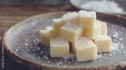 Salty white chocolate fudge cubes on a plate