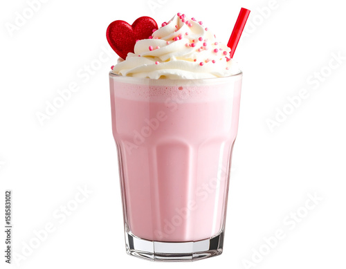 Photorealistic Valentine's Day Pink Milkshake with Whipped Cream and Heart Straw, Isolated on Transparent Background
