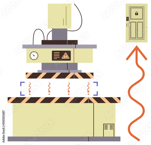 Layers of mechanized platforms with gauges, caution strips, and electric signals. Ideal for technology, safety, automation, energy, engineering, equipment simple flat metaphor