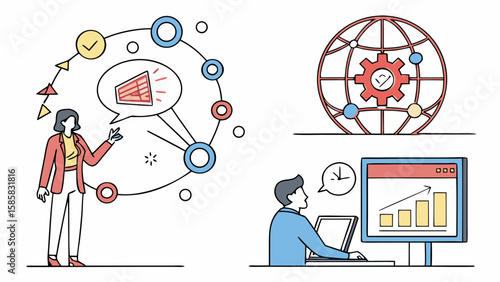 A woman presenting analytical data with graphs, while a man analyzes statistics on a laptop, illustrating teamwork in business analysis.