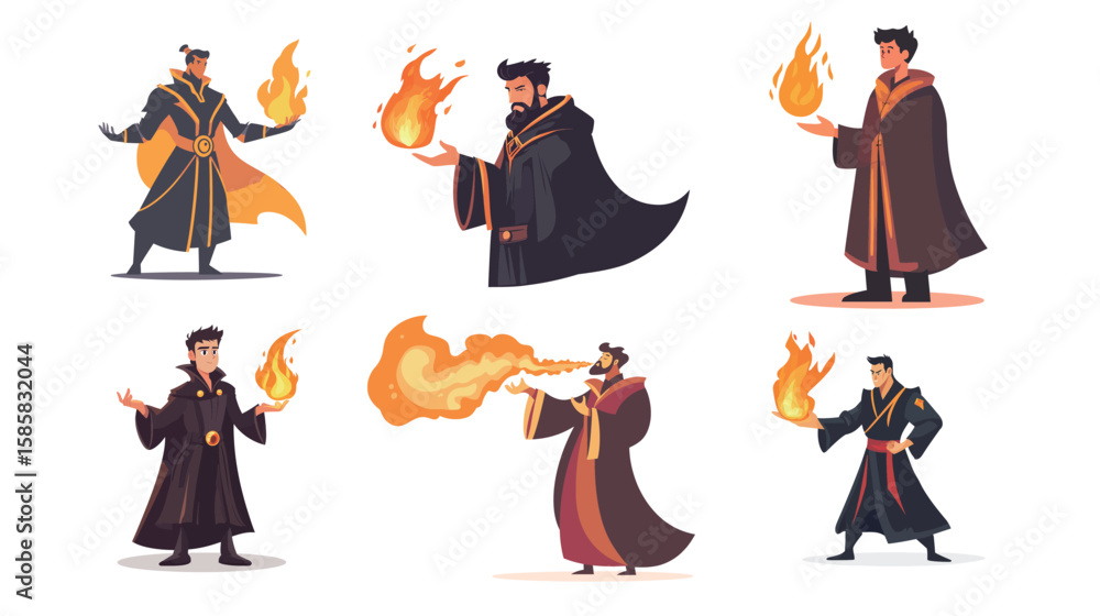 Fototapeta premium Elementalist Mage Breathing Fire – Front View Fantasy Character Illustration