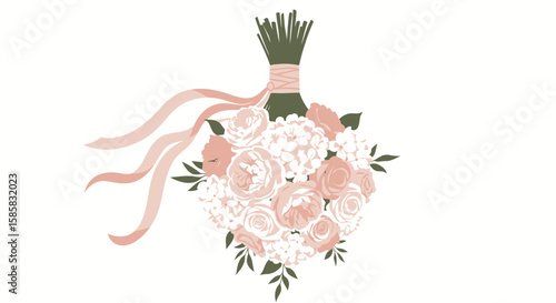 Elegant Wedding Bouquet with Pink Roses, White Hydrangeas, and Flowing Ribbons