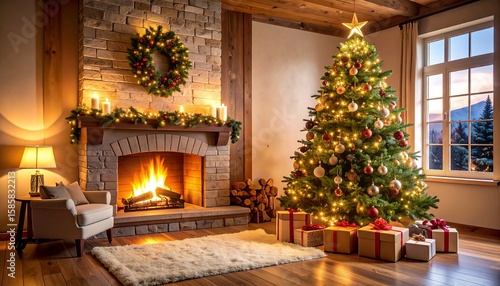 Wallpaper Mural Cozy Christmas living room with a fireplace and decorated tree Torontodigital.ca