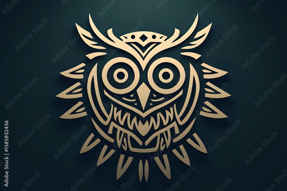 Fototapeta premium Golden owl emblem with tribal style design elements and geometric patterns on dark background, metallic effect logo symbol for branding and decoration.