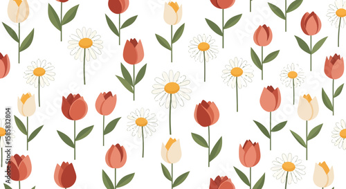 Wallpaper Mural Seamless Pattern of Stylized Tulips and Daisies in Coral, Cream, and White Torontodigital.ca