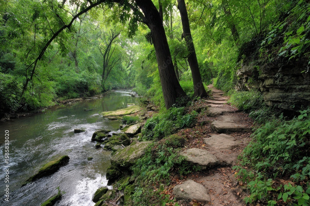 Obraz premium Serene riverside path winding through lush green trees and rocky terrain, showcasing nature's beauty