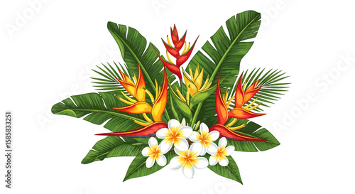 Vibrant Tropical Bouquet of Birds of Paradise and Plumeria Flowers