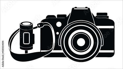 Camera with lens and film vintage photography equipment vector icon illustration