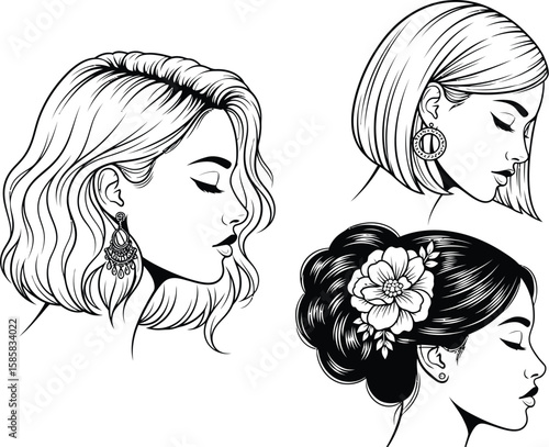 Line art drawings showcase diverse elegant woman hairstyles