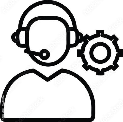 Outline illustration of faceless support worker with headset and gear symbol