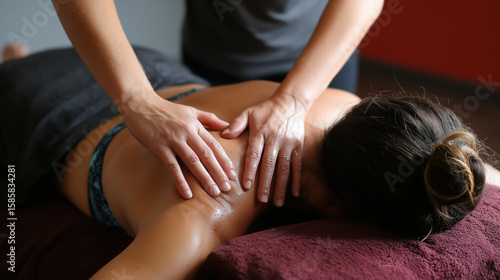 Female massage therapist applying soothing techniques on a client's back in a tranquil spa environment, showcasing relaxation and wellness through professional care and attention