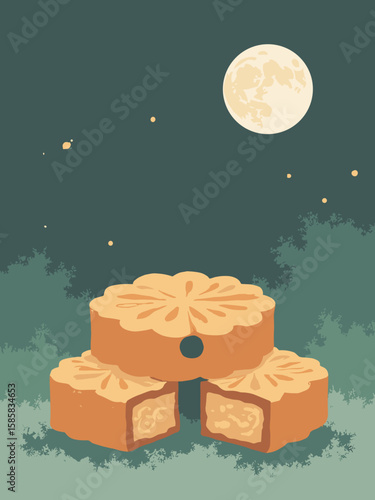 Mid‑Autumn Festival - modern flat‑style mooncake packaging display with minimalist moon icon in charcoal, ochre, white, and moss green