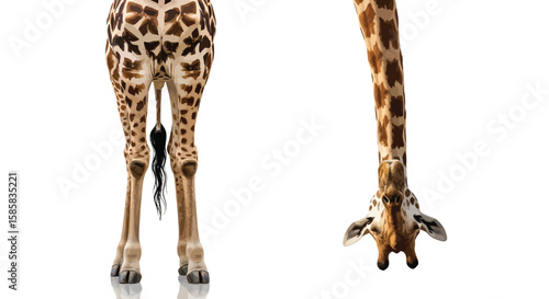 Giraffe portrait showcases its head and spotted pattern against a white background.
