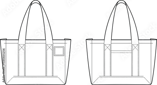 Cad drawing flat vector illustration of classic tote bag, large canvas handbag, simple design, versatile carryall, casual accessory, durable material, fashion staple, everyday use