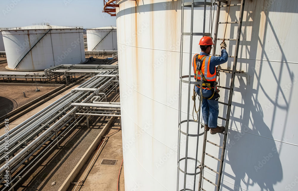 Fototapeta premium Worker climbs ladder attached to large oil storage tank at processing facility showing industrial maintenance activity
