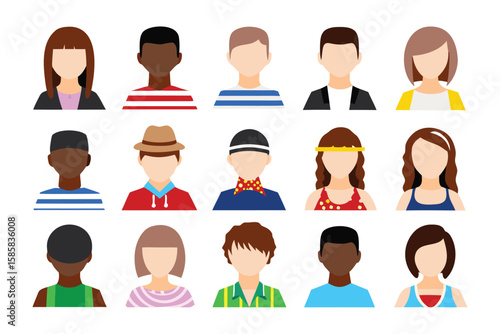Diverse Avatar Collection: A vibrant collection of avatars, representing a variety of individuals from diverse backgrounds, suitable for profile icons, website design, or social media applications. 
