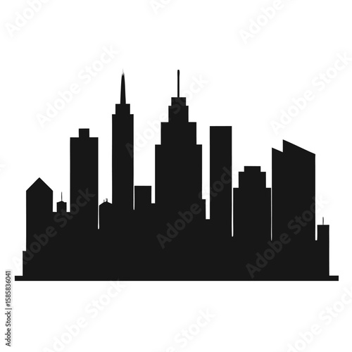 Modern city skyline silhouette with tall skyscrapers isolated on white background
