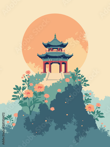 Chongyang Festival - ancient pavilion atop rocky peak with chrysanthemum motifs in sandstone, gold, jade, and dusk blue