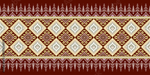 Geometric fabric in dark red tones as the main background, contrasting with white, cream and light brown patterns. Tribes in Southeast Asia, Thailand, Laos, Cambodia or Indonesia, for use as clothing,