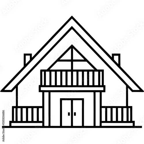Traditional chalet line art with sloping roof isolated on white background