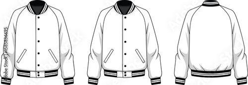Cad drawing flat vector illustration of classic varsity jacket, white bomber jacket, sporty outerwear, casual fashion, street style, retro design, unisex apparel