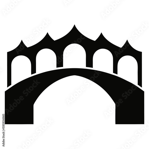 Elegant silhouette of a bridge with multiple arches spanning a waterway isolated on white background