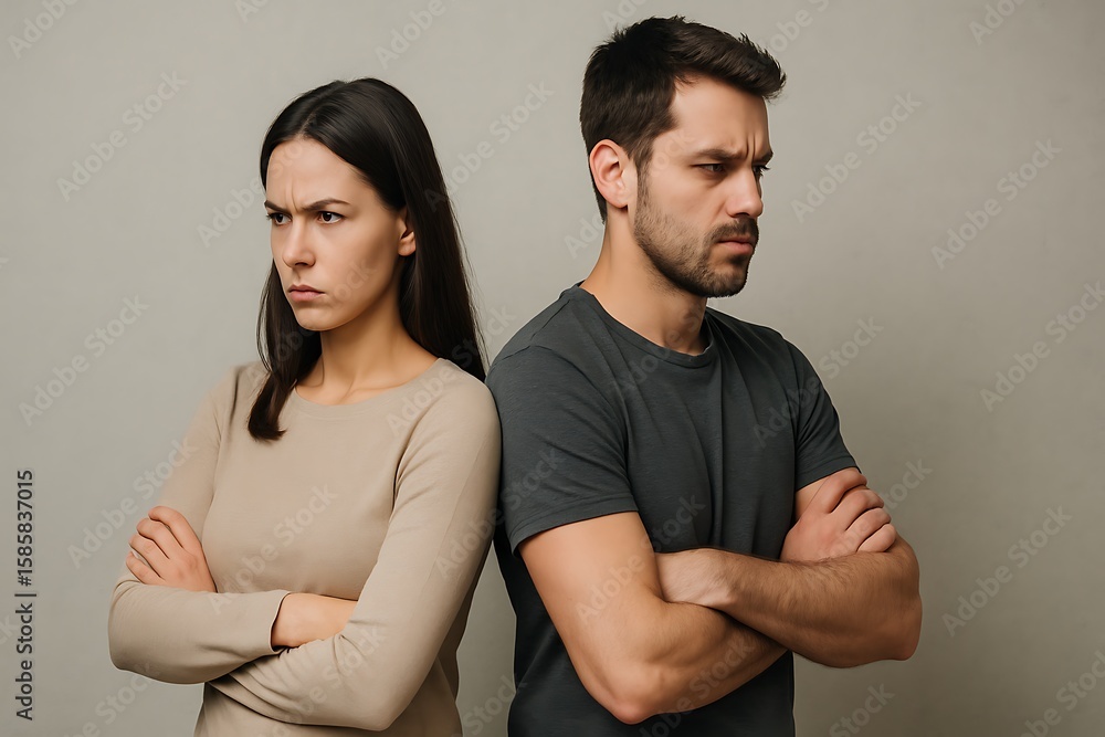 Obraz premium Couple with crossed arms symbolizing conflict and separation.