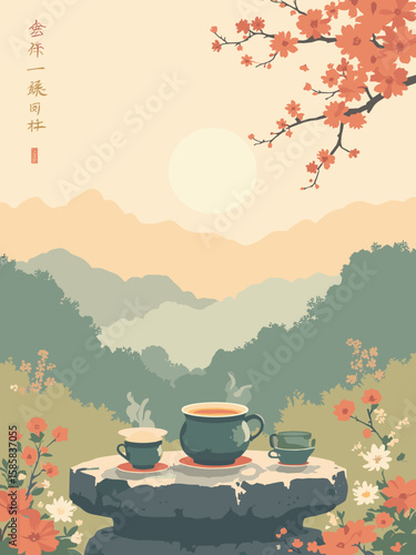 Chongyang Festival - rice cake and chrysanthemum tea set on stone table overlooking valley in cream, amber, olive, and steel