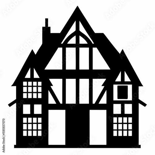 Silhouette of a tudor style house with timber framing isolated on white background