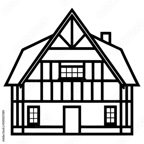 Detailed line art illustration of a tudor style house with timber framing isolated on white background