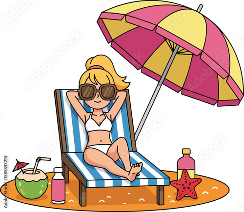 Woman sunbathing on beach chair, tropical drink, colorful umbrella, summer vacation concept, beach essentials illustration, ocean relaxation, holiday scene, vector art