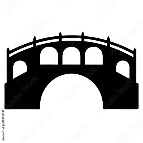 Silhouette of an old stone arch bridge spanning a river isolated on white background