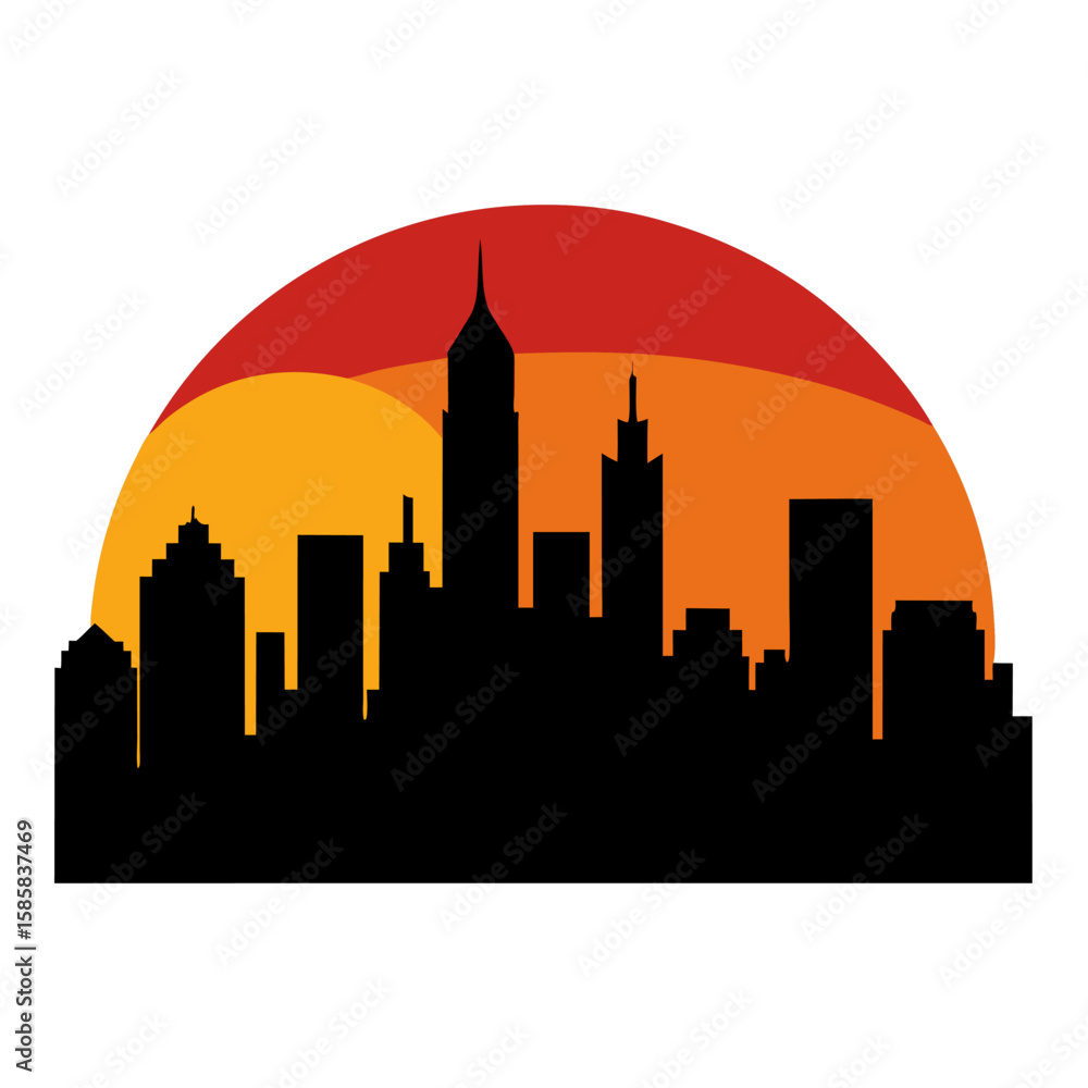 Naklejka premium City skyline silhouette at sunset with dramatic clouds isolated on white background