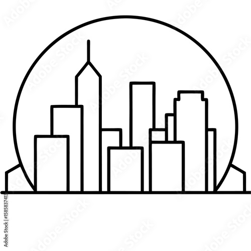 Minimalist line art of a city skyline at sunset isolated on white background