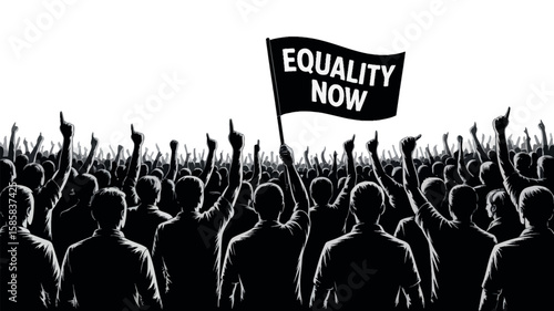 Equality protest crowd holding banner with raised fists showing power solidarity and justice
