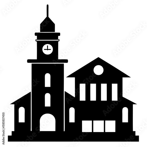 Classic train station building silhouette with architectural details isolated on white background