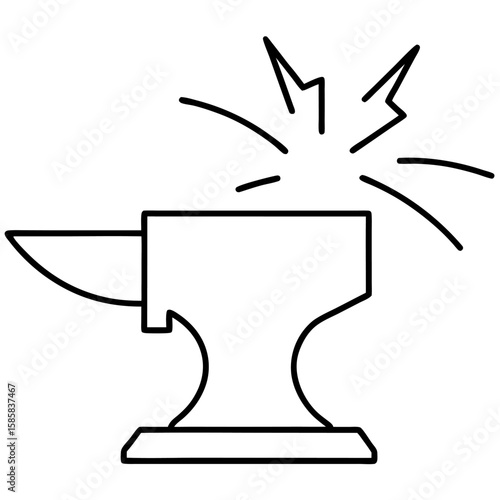 Line art illustration of a hammer striking an anvil with sparks flying isolated on white background
