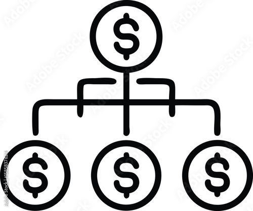 Outline illustration of money distribution or hierarchical money flow with dollar coin icons
